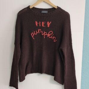 Wooden Ships Dark Brown Sweater with Red Script Boho Minimalist Coastal Sz M/L